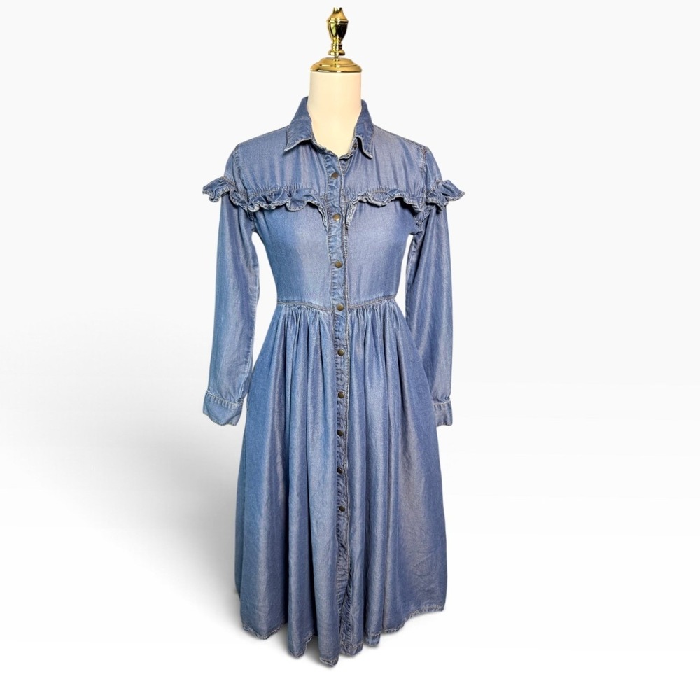 Free People Blue Chambray Ruffle Yoke Snap Front Midi Dress XS cottagecore